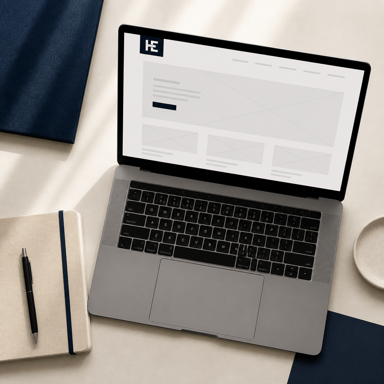 Minimalist website wireframe concept representing strategic web design and SEO at House of Entrepreneurs