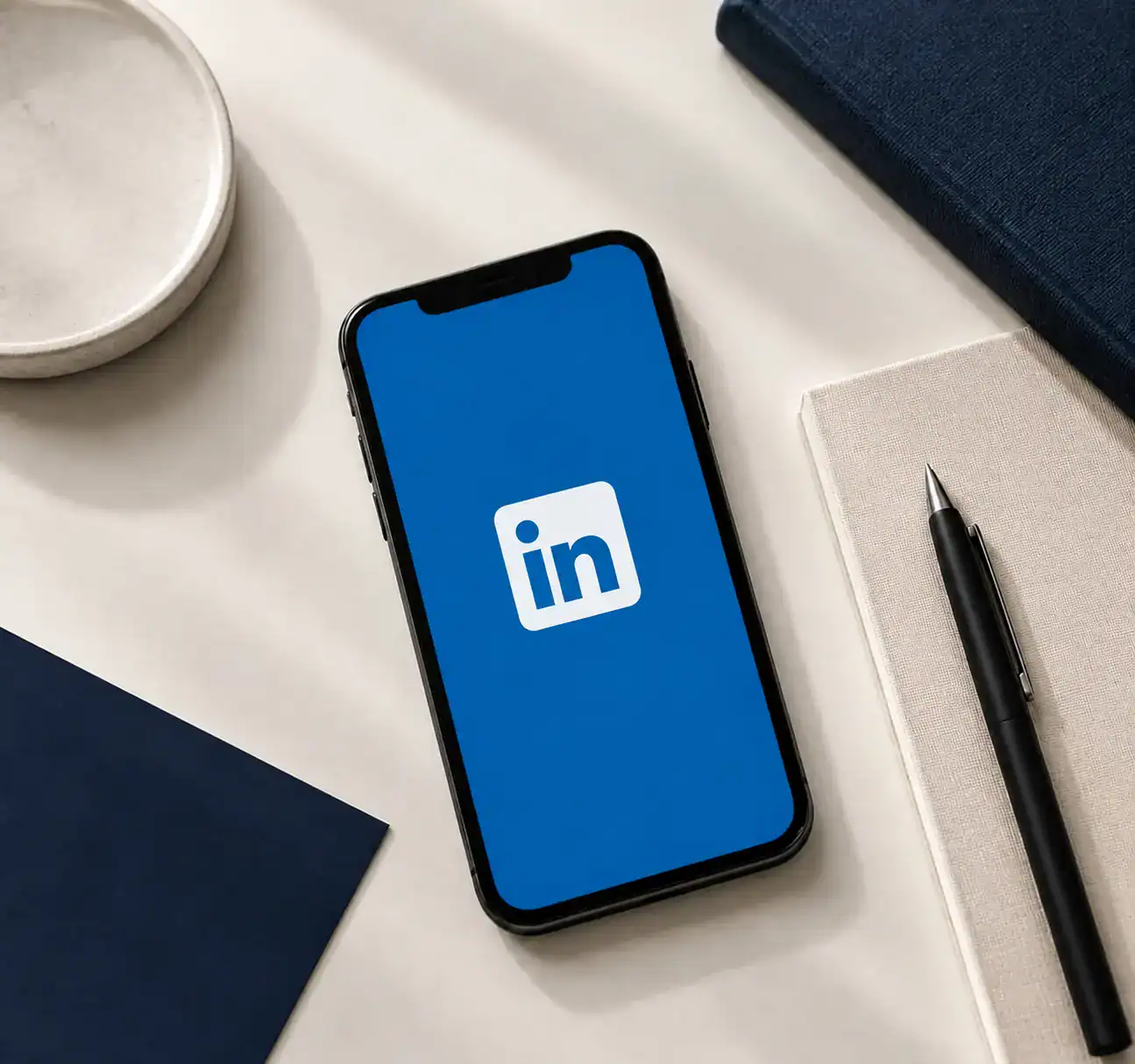 Smartphone affichant le logo LinkedIn sur un bureau professionnel, illustrant la stratégie de visibilité et de personal branding des entrepreneurs proposée par House of Entrepreneurs.